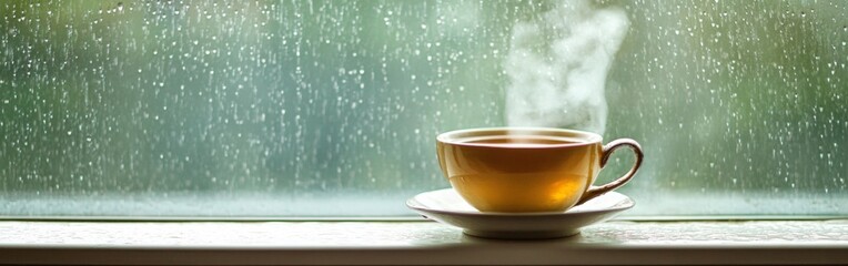 Fototapeta premium A steaming cup of tea sits on a windowsill as rain gently falls outside, creating a serene atmosphere perfect for relaxation and contemplation during a rainy moment. With copy space for text