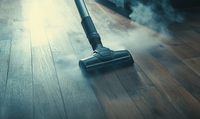 Dynamic shot of a vacuum cleaner capturing fine dust on a sleek wooden floor, showcasing advanced cleaning technology in action.