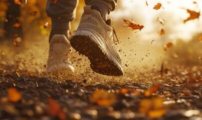 Close-up of sneakers on a dirt trail, mid-stride, with autumn leaves scattered across the path under warm sunlight.