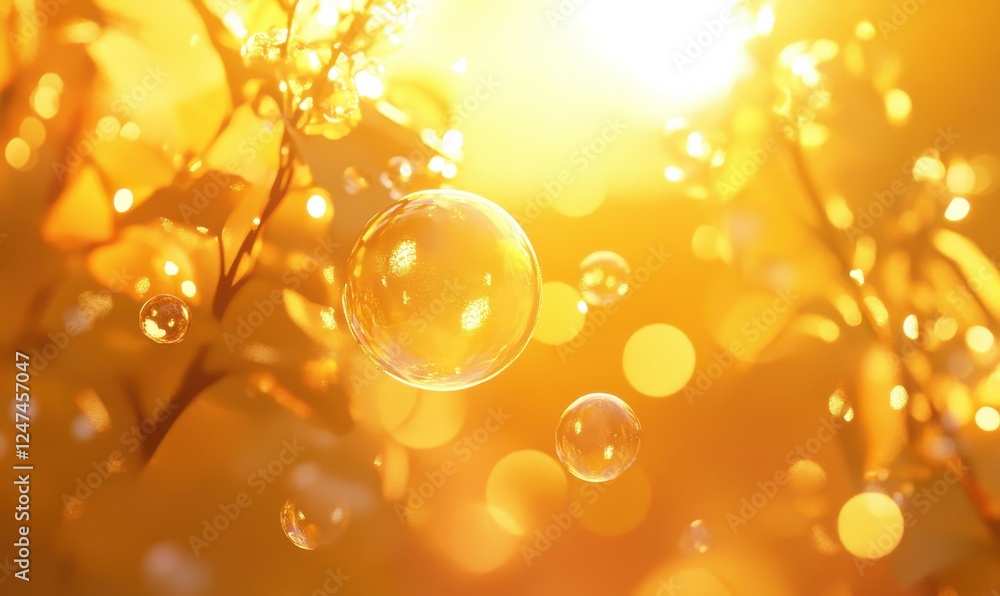 Poster close-up of translucent soap bubbles floating against a golden sunlit background, capturing vivid re