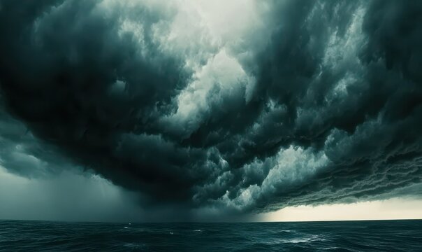 Dramatic stormy sky with dark rolling clouds over a vast ocean, creating a cinematic and atmospheric seascape full of power and emotion