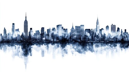 Naklejka premium NYC Skyline Reflection, Foggy Day, Urban Panorama, Print