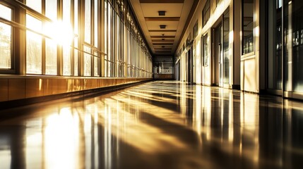 Obraz premium Sunlit corridor, building interior, windows, sunset reflections, education
