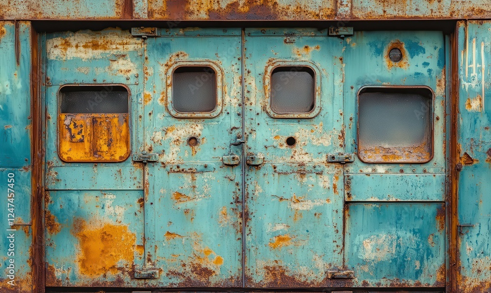 Poster rustic metal surface with faded turquoise paint and patches of rust, creating a textured industrial 