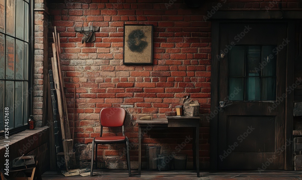 Poster rustic red brick wall with aged textures and subtle cracks, adding character and charm to any settin