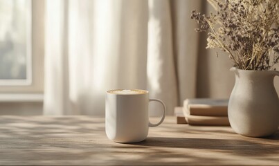 Minimalist coffee mug with frothy latte art placed on a wooden table, exuding warmth and the simplicity of morning rituals