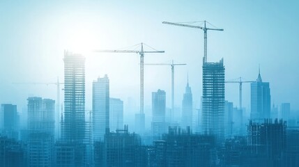 Cityscape construction cranes sunrise hazy skyline development (1)