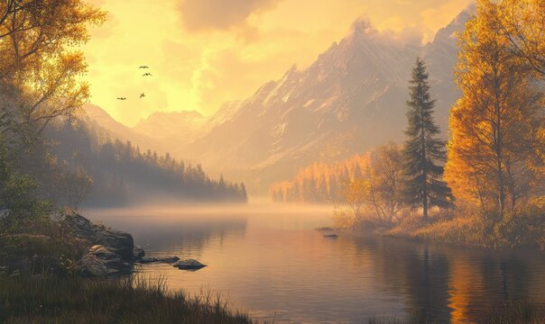 Misty mountain landscape bathed in soft golden light, blending warm and cool tones for a serene and picturesque view