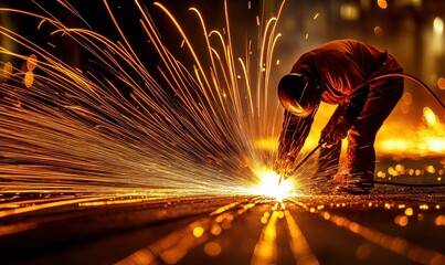 Factory worker welding with sparks flying under a rich orange glow, capturing raw industrial energy.