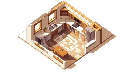 Isometric view of a cozy, rustic kitchen with wooden cabinets, stainless steel appliances, and a small dining area.