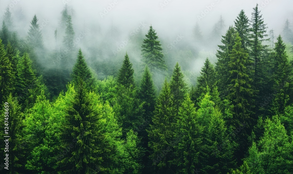 Poster moody forest scene with mist rolling between tall evergreen trees, lit by soft diffused light, creat