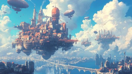 A steampunk city floats among the clouds with airships above