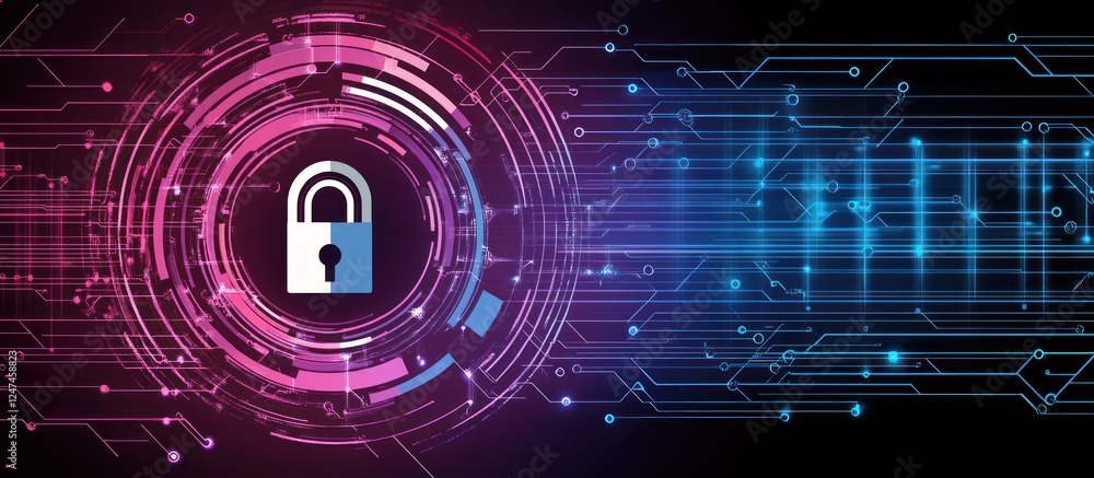 Poster cybersecurity technology background with padlock and circuit board design