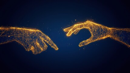 Golden hands reaching, digital art, dark background, connection concept