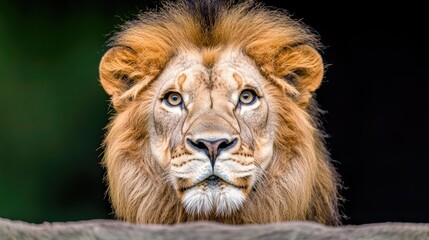 Fototapeta premium Majestic lion portrait, zoo enclosure, dark background, wildlife photography
