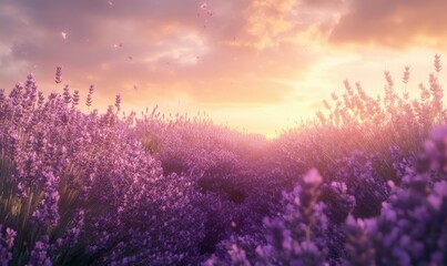 Morning sunlight illuminating a field of lavender, the vibrant purple blooms stretching out to the horizon, capturing serenity and rural charm