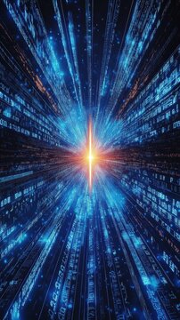 Futuristic digital landscape with glowing code and perspective lines