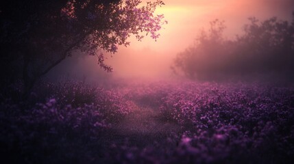 Fototapeta premium Misty sunrise path through purple wildflowers