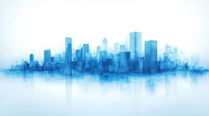 Blue city skyline reflection, urban development, misty background, website banner