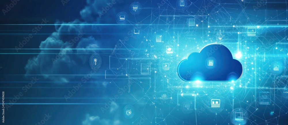Poster futuristic cloud computing network connectivity and data storage concept