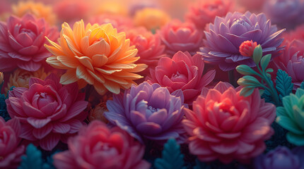 Fototapeta premium Colorful Dahlia Flower Bed: Vibrant Garden of Pink, Purple, Orange, and Red Dahlias in Full Bloom, Close-Up Floral Photography, Artistic Flower Arrangement