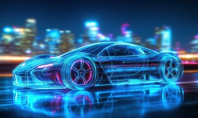 Obraz premium Futuristic sports car glowing in vivid neon lights, speeding through a cityscape at night, blending innovation and elegance.