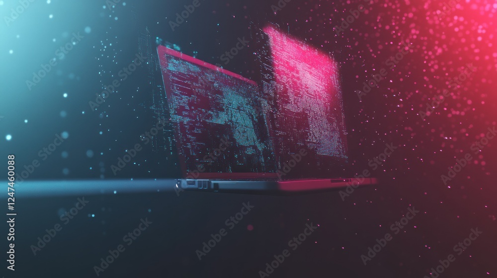 Poster laptop displaying digital data with glowing particles and vibrant colors