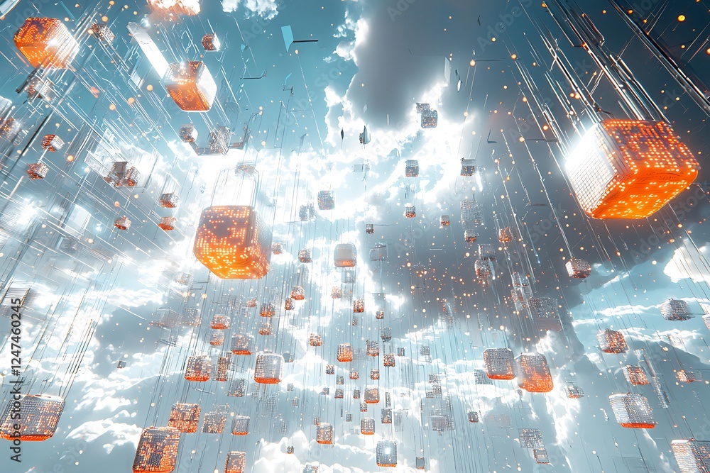 Poster ai and cloud computing for data transmission, storage, and backup, representing a futuristic busines