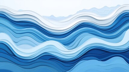 Fototapeta premium Abstract blue waves landscape, paper art style, serene background, website banner