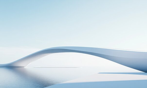 Modern white bridge curving gracefully into the horizon, a clean and elegant design blending seamlessly with the soft blue sky