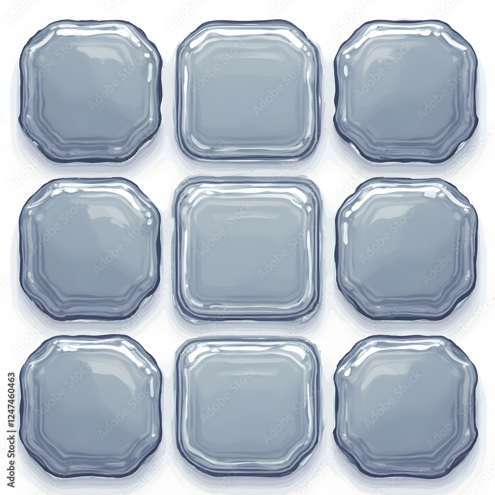 Aufkleber nine glossy blue-gray square buttons or icons with rounded edges, glass-like texture, ui design elem