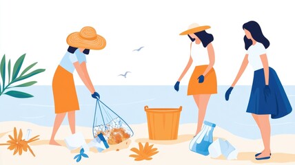 Fototapeta premium Beach cleanup initiative with three women collecting trash for environmental conservation