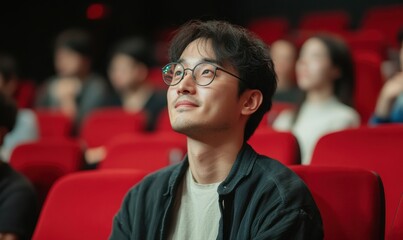 Fototapeta premium Movie enthusiasts are engrossed in a film, sitting in red cinema seats, enhancing the collective viewing experience in a theater