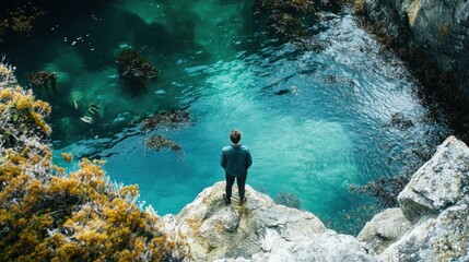 Obraz premium Man stands on rocky cliff overlooking pristine turquoise water
