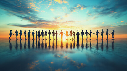 Group of business people silhouettes in modern office building and business network concept. Human resources with pastel innovation charts and graphs with statistics to analyze business