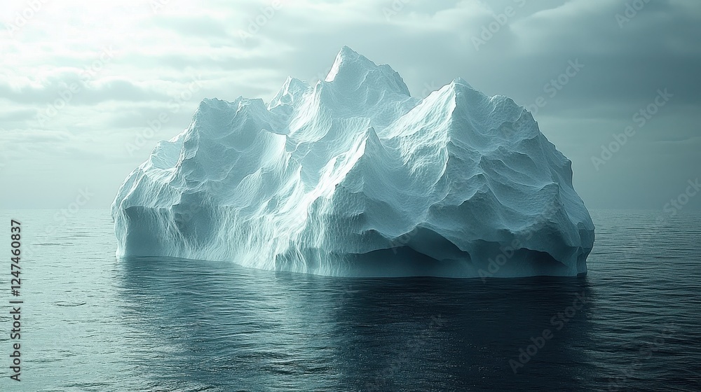Poster a large iceberg floating in calm waters under a cloudy sky.