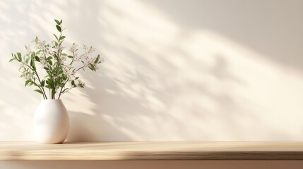 Fototapeta premium Spring flowers vase sunlight shelf interior design mockup
