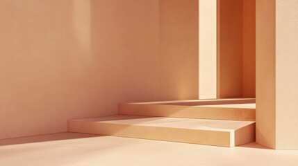 Fototapeta premium Beige steps, sunlit interior, minimalist architecture, product display