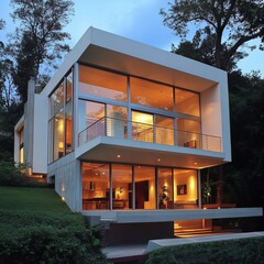 Fototapeta premium Stylish modern cubic house featuring large windows and sleek contemporary architecture. Perfect for real estate, design, and luxury home projects.