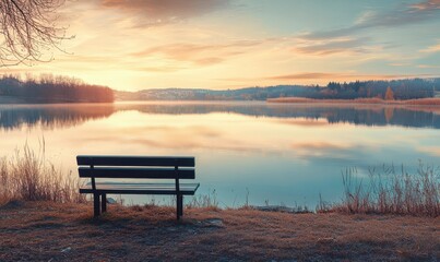 Lonely bench overlooking a calm lake during golden hour, water reflecting the soft hues of sunset, evoking tranquility and introspection
