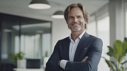 Fototapeta premium Confident businessman smiling office portrait, modern workspace