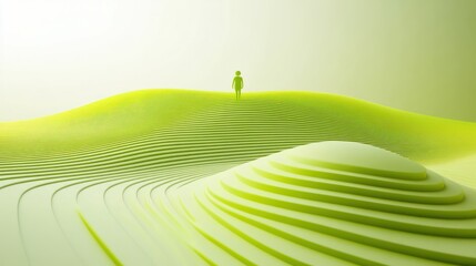 Person standing atop green hill, serene landscape, futuristic background, website banner