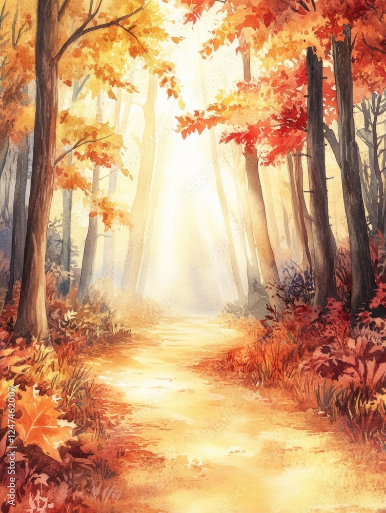 Poster watercolor illustration of a serene autumn forest pathway illuminated by sunlight. generative ai