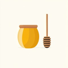 Honey pot and dipper on neutral background for website illustration or food blog