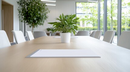 Obraz premium Modern office meeting room, plants, light, window view, ready for meeting