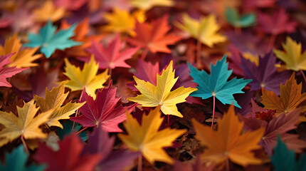 Colorful Autumn Leaves Background: Vibrant Fall Foliage, Red, Orange, Yellow, Teal Maple Leaves, Seasonal Nature Photography, Artistic Autumnal Scene