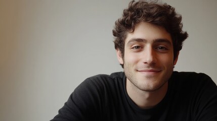 Fototapeta premium Smiling man, indoor portrait, neutral background, website profile