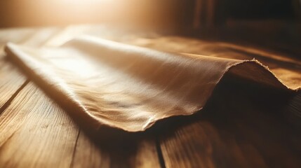Rustic brown fabric draped on wooden table, sunlit background, product display