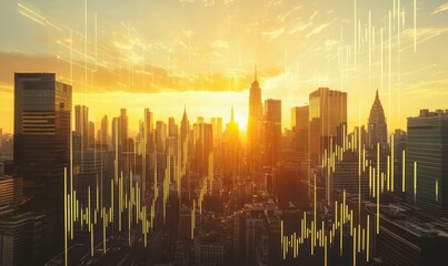 Fototapeta premium Skyline of a modern city with financial graphs overlayed, symbolizing economic growth and urban innovation under a golden sunset, sharp contrasts