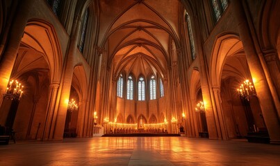 Fototapeta premium Magnificent gothic cathedral interior with soaring arches and glowing candles, a tranquil space of awe and reverence.